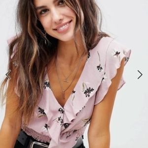 ASOS - Lunik Cute Floral Lavender Print Ruffle Crop Top - Small